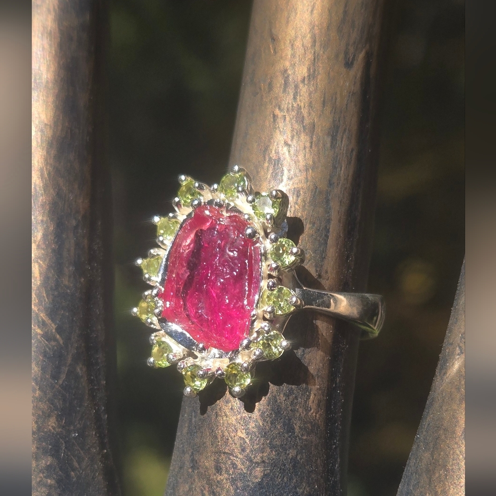 Ruby Raw Natural 14k & Peridot Gemstone Sterling Ring Sz7.75 - Picture 7 of 9